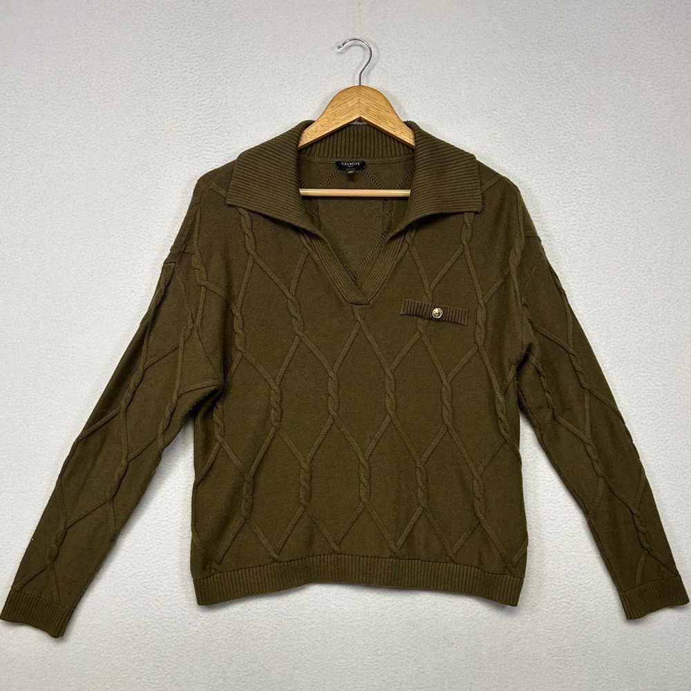 Preppy Old Money Talbots Womens LP Olive Green Diamond Cable Knit V-Neck Sweater